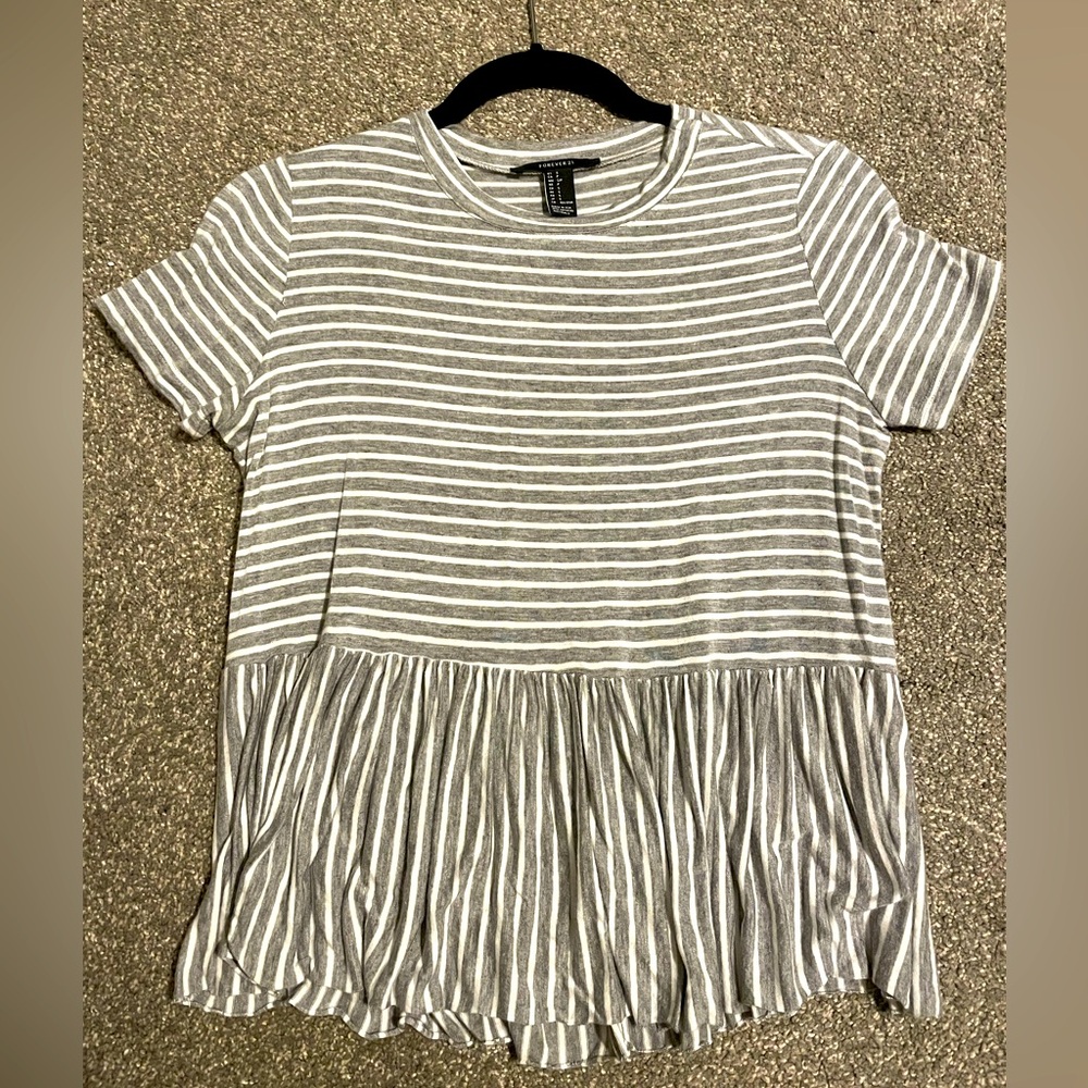 3/$20 | Forever 21 - Grey and White Striped Peplum Top